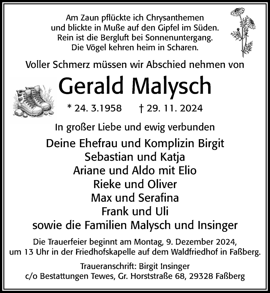  Traueranzeige für Gerald Malysch vom 04.12.2024 aus Cellesche Zeitung