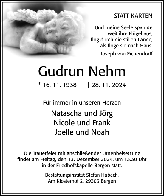 Traueranzeige von Gudrun Nehm von Cellesche Zeitung