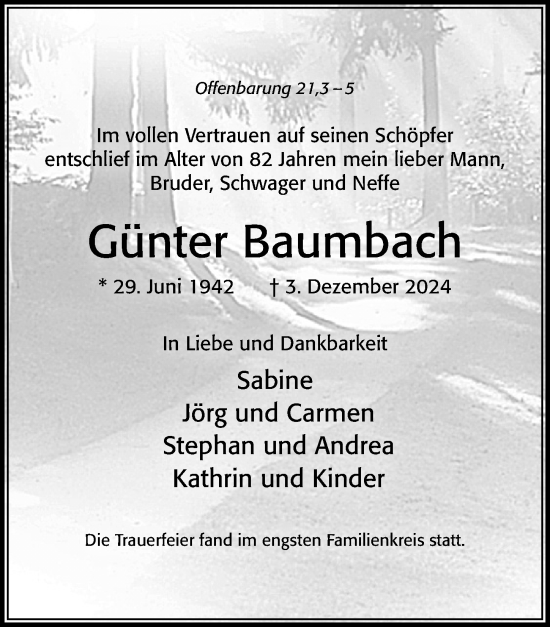 Traueranzeige von Günter Baumbach von Cellesche Zeitung