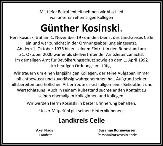 Traueranzeige von Günther Kosinski von Cellesche Zeitung