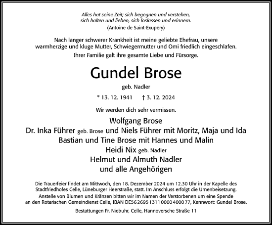 Traueranzeige von Gundel Brose von Cellesche Zeitung