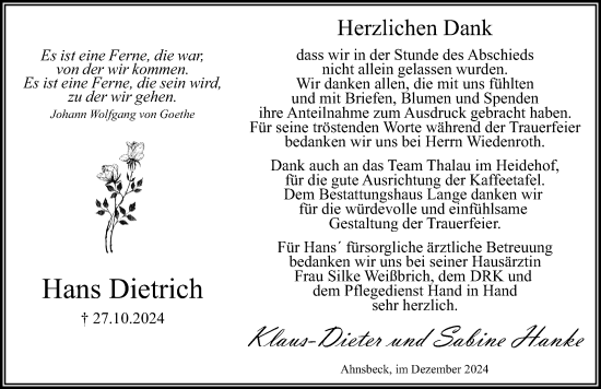 Traueranzeige von Hans Dietrich von Cellesche Zeitung