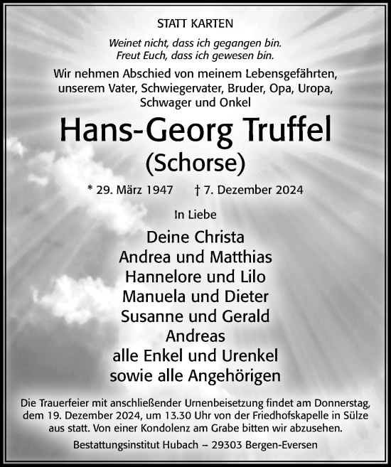 Traueranzeige von Hans-Georg Truffel von Cellesche Zeitung