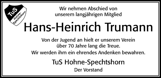 Traueranzeige von Hans-Heinrich Trumann von Cellesche Zeitung