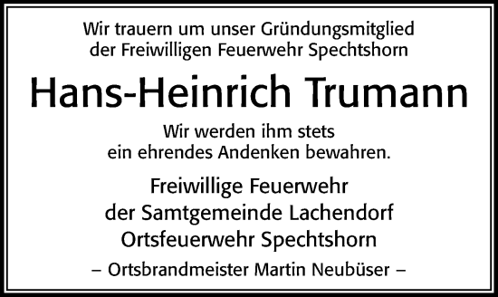 Traueranzeige von Hans-Heinrich Trumann von Cellesche Zeitung