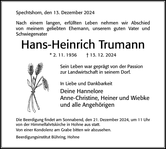 Traueranzeige von Hans-Heinrich Trumann von Cellesche Zeitung