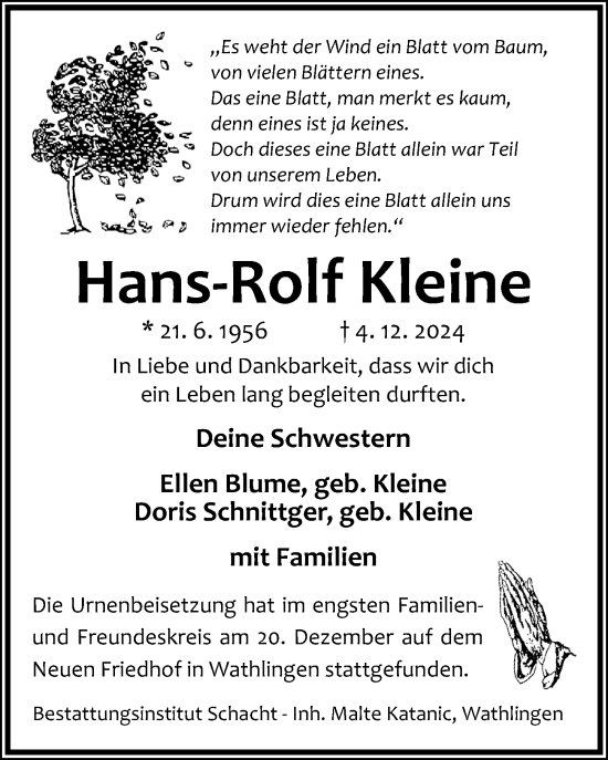 Traueranzeige von Hans-Rolf Kleine von Cellesche Zeitung