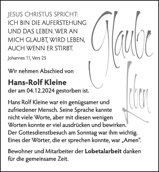 Traueranzeige von Hans-Rolf Kleine von Cellesche Zeitung