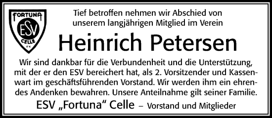 Traueranzeige von Heinrich Petersen von Cellesche Zeitung