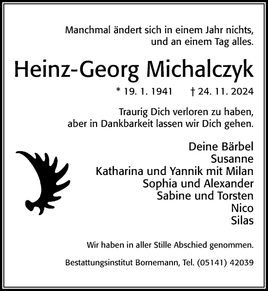 Traueranzeige von Heinz-Georg Michalczyk von Cellesche Zeitung