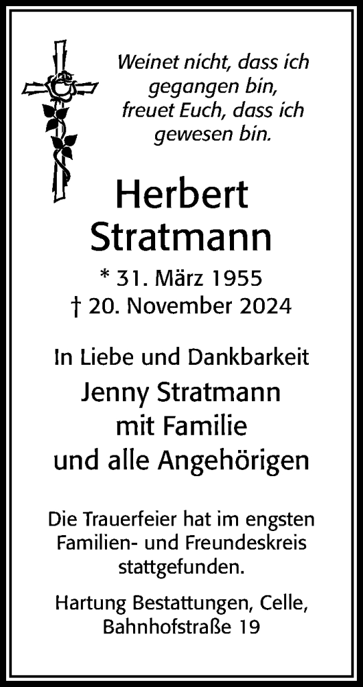 Traueranzeige von Herbert Stratmann von Cellesche Zeitung