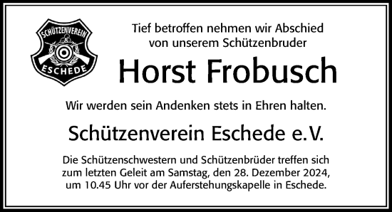 Traueranzeige von Horst Frobusch von Cellesche Zeitung