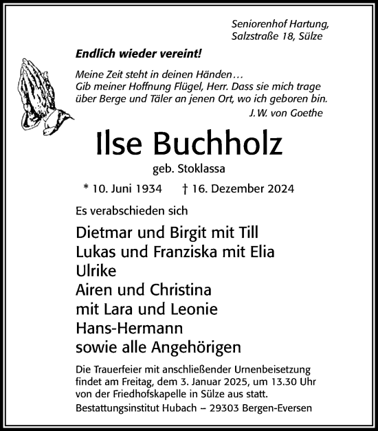 Traueranzeige von Ilse Buchholz von Cellesche Zeitung