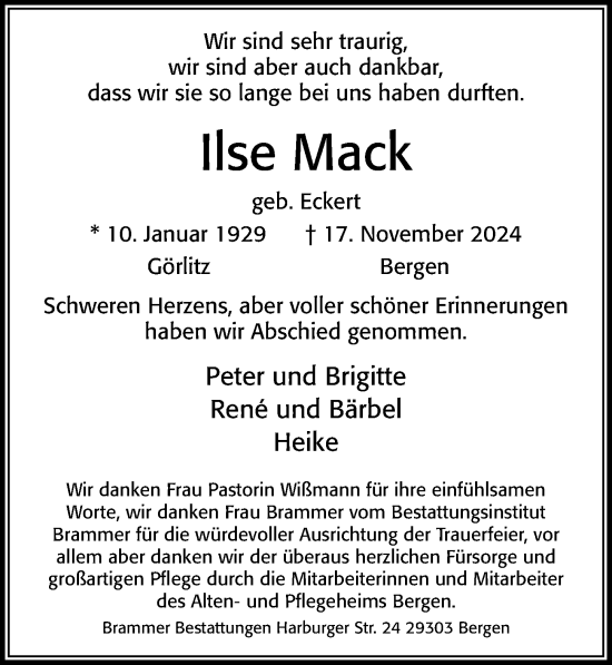 Traueranzeige von Ilse Mack von Cellesche Zeitung