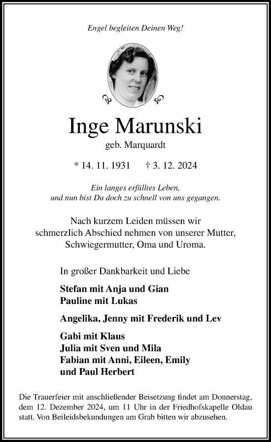 Traueranzeige von Inge Marunski von Cellesche Zeitung