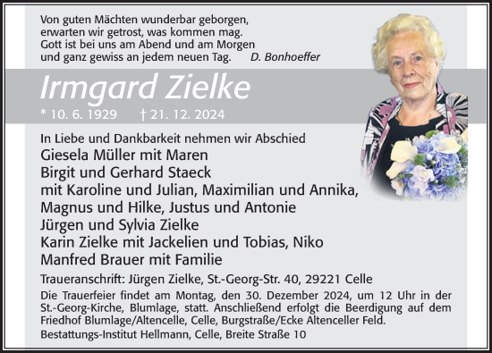 Traueranzeige von Irmgard Zielke von Cellesche Zeitung