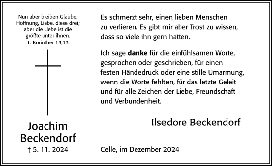 Traueranzeige von Joachim Beckendorf von Cellesche Zeitung