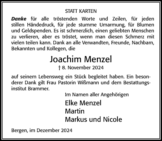 Traueranzeige von Joachim Menzel von Cellesche Zeitung