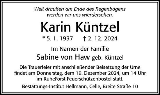 Traueranzeige von Karin Küntzel von Cellesche Zeitung