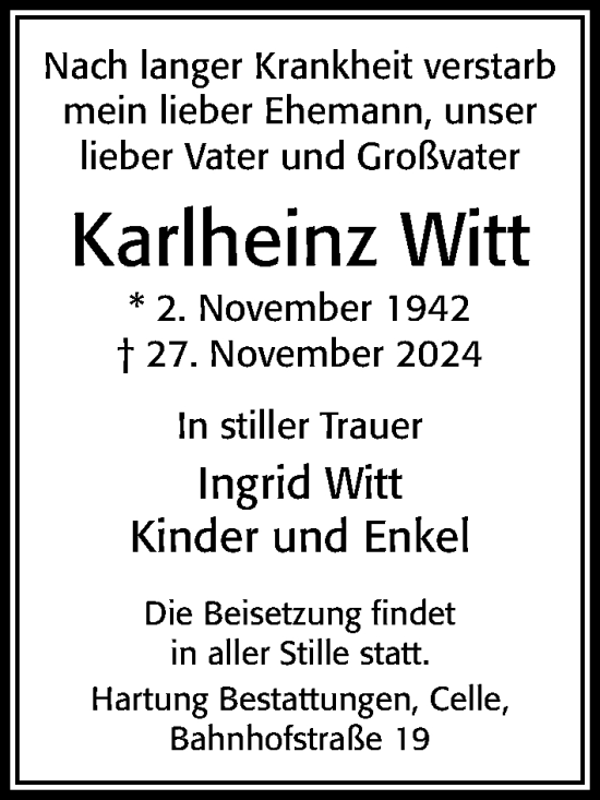 Traueranzeige von Karlheinz Witt von Cellesche Zeitung