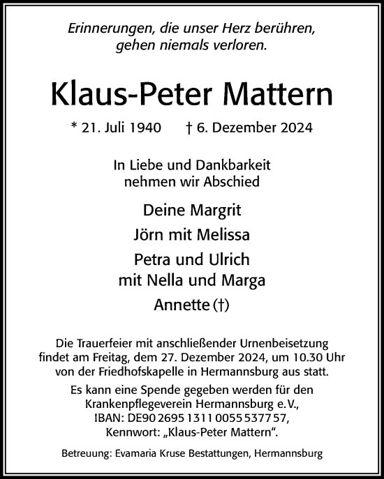 Traueranzeige von Klaus-Peter Mattern von Cellesche Zeitung