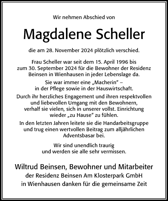 Traueranzeige von Magdalene Scheller von Cellesche Zeitung