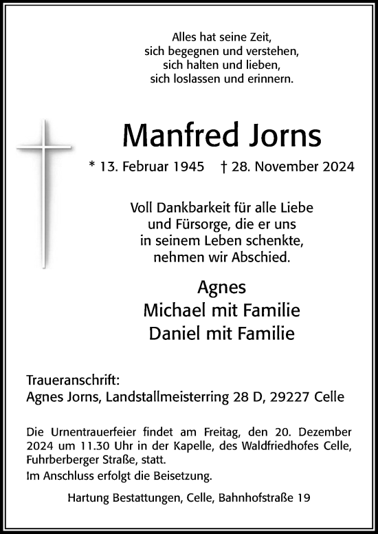 Traueranzeige von Manfred Jorns von Cellesche Zeitung