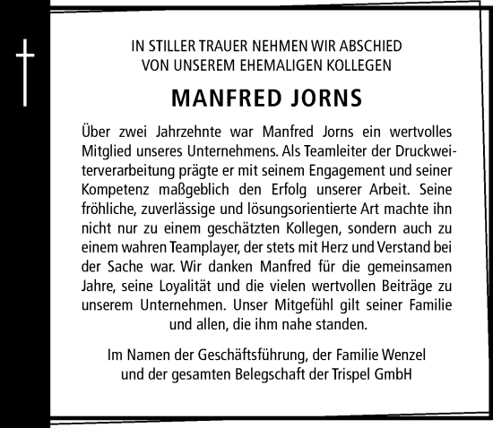 Traueranzeige von Manfred Jorns von Cellesche Zeitung