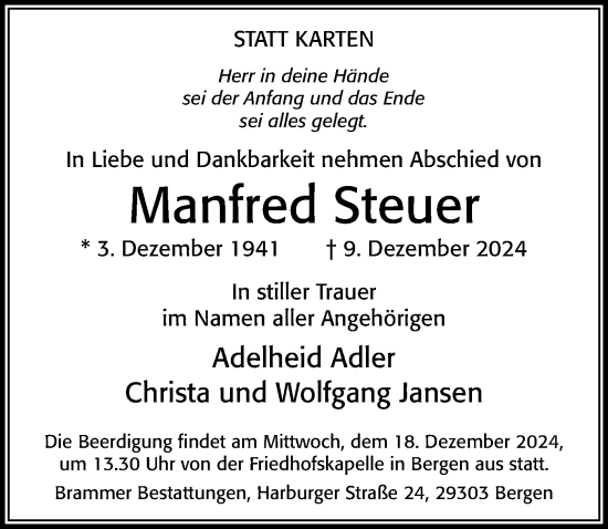 Traueranzeige von Manfred Steuer von Cellesche Zeitung