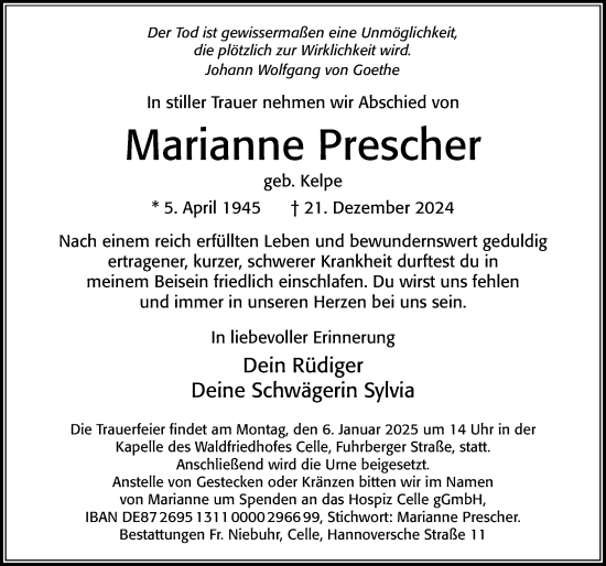 Traueranzeige von Marianne Prescher von Cellesche Zeitung