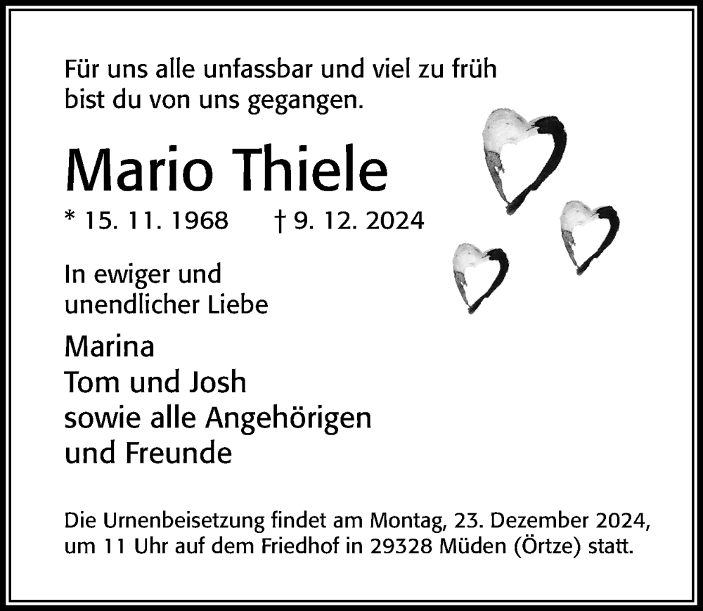  Traueranzeige für Mario Thiele vom 14.12.2024 aus Cellesche Zeitung