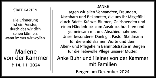 Traueranzeige von Marlene von der Kammer von Cellesche Zeitung