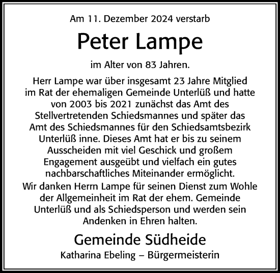 Traueranzeige von Peter Lampe von Cellesche Zeitung