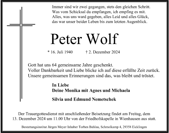 Traueranzeige von Peter Wolf von Cellesche Zeitung