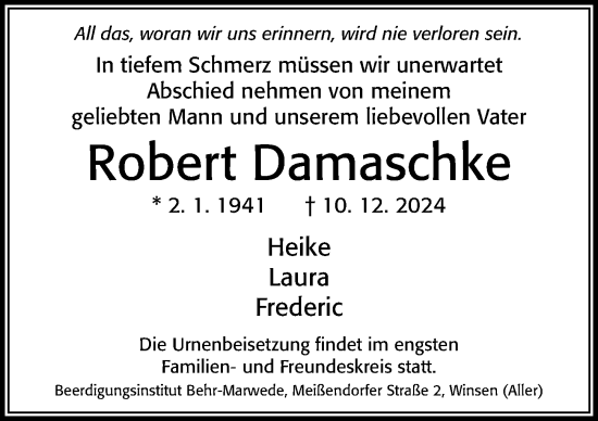 Traueranzeige von Robert Damaschke von Cellesche Zeitung