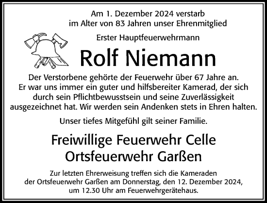 Traueranzeige von Rolf Niemann von Cellesche Zeitung