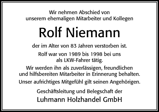 Traueranzeige von Rolf Niemann von Cellesche Zeitung