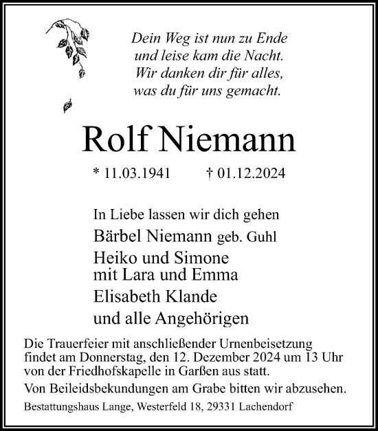 Traueranzeige von Rolf Niemann von Cellesche Zeitung