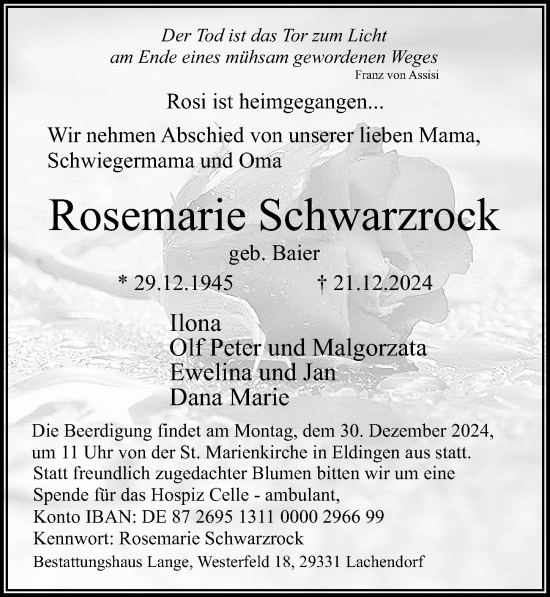 Traueranzeige von Rosemarie Schwarzrock von Cellesche Zeitung