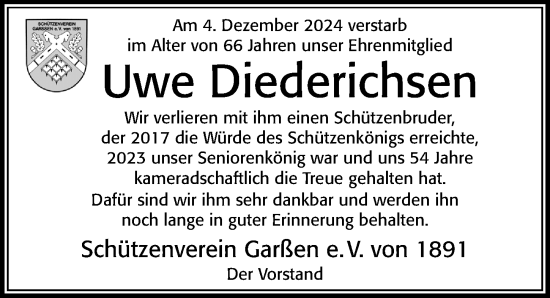 Traueranzeige von Uwe Diederichsen von Cellesche Zeitung