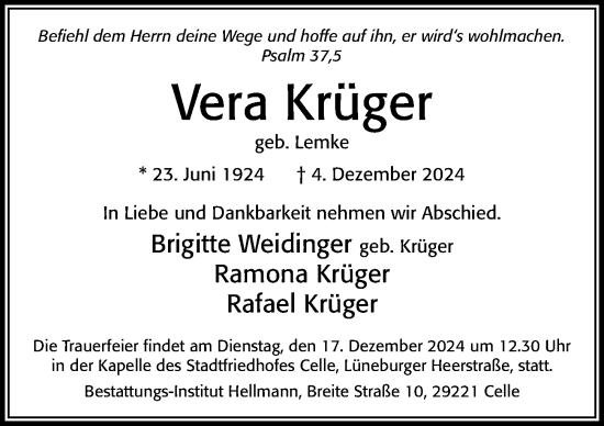 Traueranzeige von Vera Krüger von Cellesche Zeitung