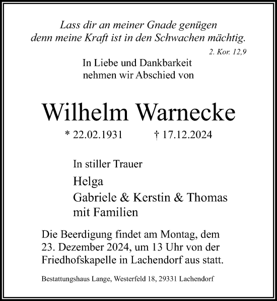 Traueranzeige von Wilhelm Warnecke von Cellesche Zeitung