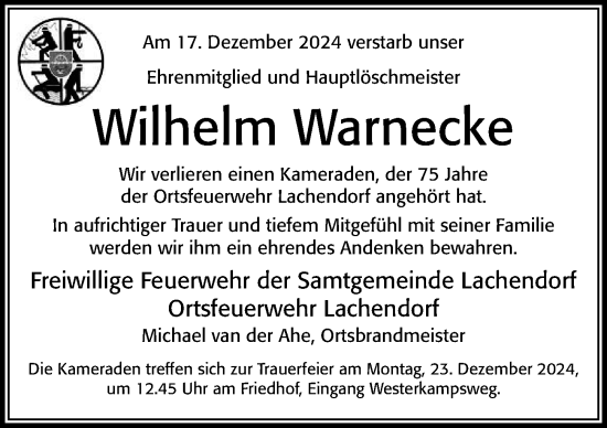 Traueranzeige von Wilhelm Warnecke von Cellesche Zeitung