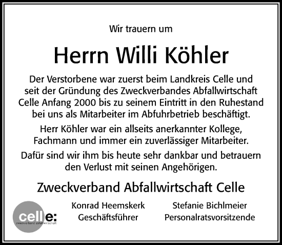 Traueranzeige von Willi Köhler von Cellesche Zeitung