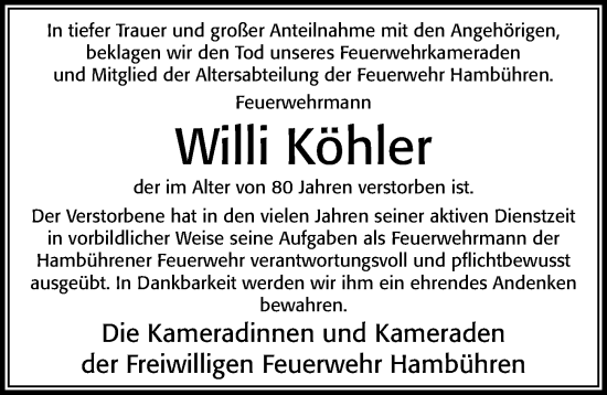Traueranzeige von Willi Köhler von Cellesche Zeitung