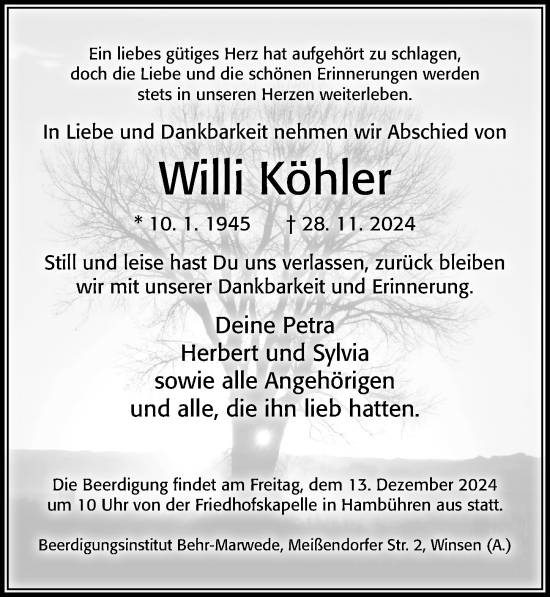 Traueranzeige von Willi Köhler von Cellesche Zeitung