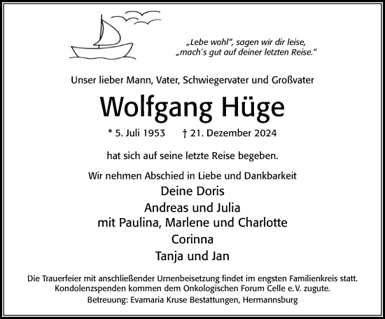 Traueranzeige von Wolfgang Hüge von Cellesche Zeitung