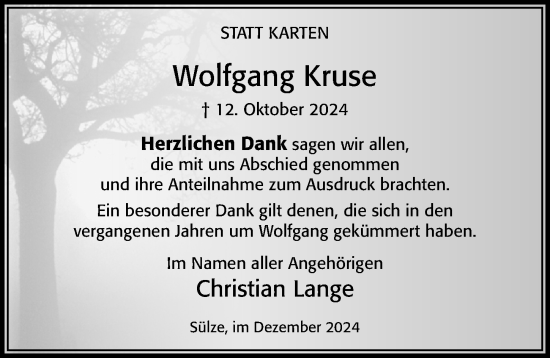 Traueranzeige von Wolfgang Kruse von Cellesche Zeitung