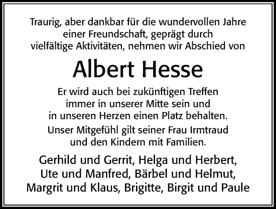 Traueranzeige von Albert Hesse von Cellesche Zeitung