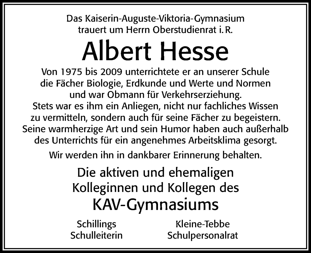  Traueranzeige für Albert Hesse vom 24.02.2024 aus Cellesche Zeitung